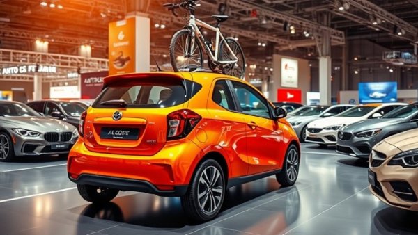 Vibrant orange car with bicycle showcased at auto event.