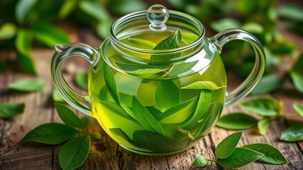 Glass teapot with green tea and leaves on wooden table.