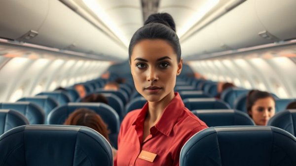 Airplane cabin with attentive flight attendant assisting passengers.