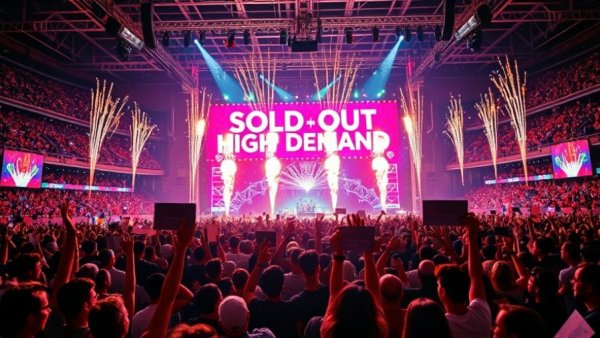 Vibrant concert scene showing crowd and 'SOLD OUT' sign, Live Nation Monopoly.