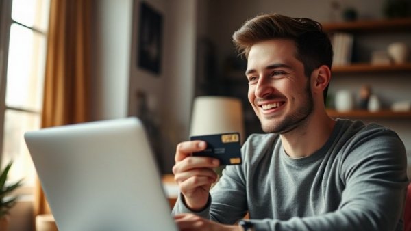 Young man using a laptop and holding a Chase Freedom Unlimited beginner credit card.
