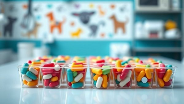 Colorful pet medication pills on veterinary table, antibiotic resistance in pets theme.