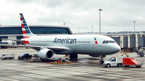 American Airlines plane at airport gate with service vehicles.