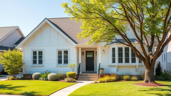 Charming suburban house in sunlight with vibrant, well-kept garden.