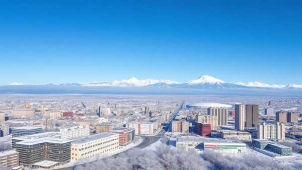Snowy Japanese city with mountain backdrop, highlighting travel safety.