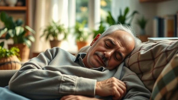 Elderly man napping on a sofa, warm living room with plants and books; could napping indicate health issues?