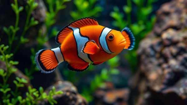 Pet fish care: clownfish in lush aquarium environment