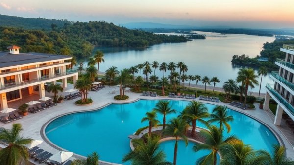 Luxury resort pools at dusk in Florida, family-friendly environment