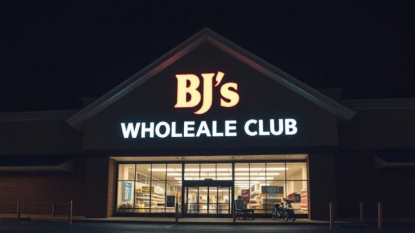 BJ's Wholesale Club illuminated at night, showcasing expansion to Texas.