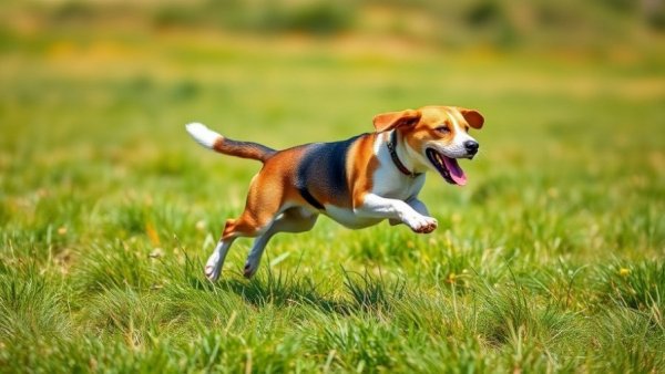 Energetic beagle leaping through grass under bright sunlight.