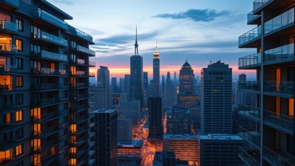 Modern apartment complex at twilight with city skyline backdrop.