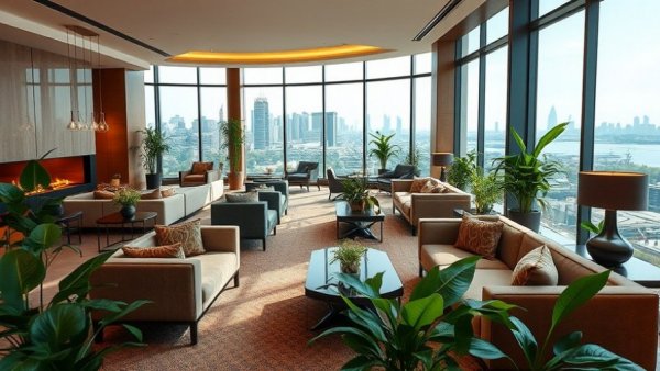 Elegant hotel lobby seating area with plants and fireplace in Toronto's best hotels.