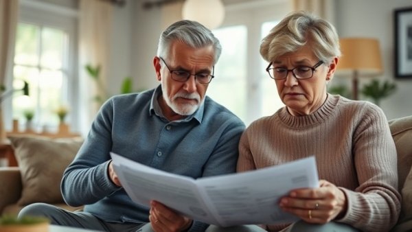 Concerned older couple discussing finances for inflation and taxes retirement planning.