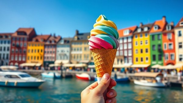 Colorful buildings and ice cream cone, cool summer destinations in Europe.
