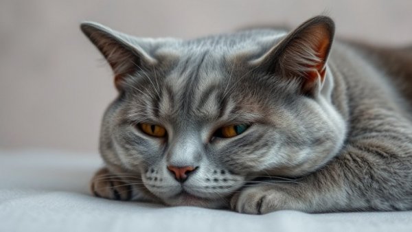 Grey cat resting with sad eyes, related to Feline Immunodeficiency Virus.