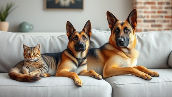 Tabby cat and German Shepherd lounging together, Moving with Pets.