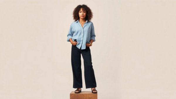 Stylish woman in wide-legged jeans on block, minimalistic style.