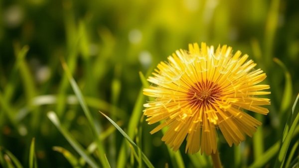 Close-up of a blooming dandelion in a green field, highlighting its vibrant color for pet health.