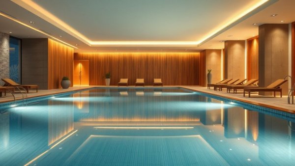 Luxurious modern spa in New York City with pool and wooden interiors.