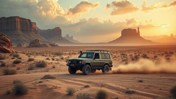 SUV navigating desert road at sunset with rock formations and Alamo promo code.