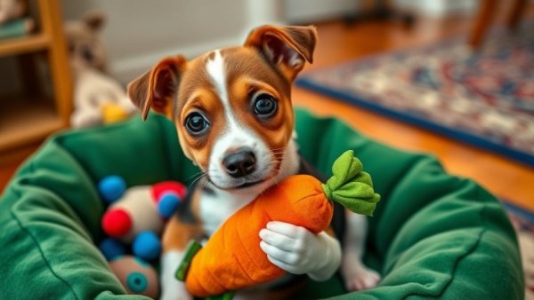 Jack Russell puppy with carrot toy in cozy setting, Why Dogs Bring You Toys.
