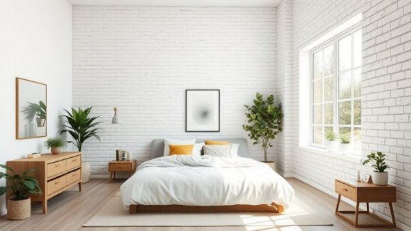 Modern minimalist bedroom with white brick wall under natural light.