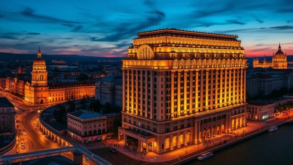 St. Regis Budapest and city skyline at dusk, illuminated and vibrant.