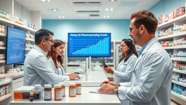 Pharmacy with rising US prescription spending trends graph displayed.