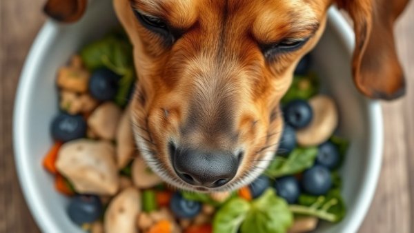 Dog eating varied food including chicken; relevant to chicken allergies in dogs.