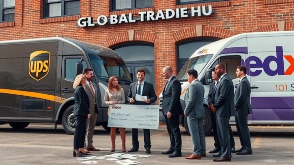 Business group outside UPS and FedEx trucks discussing tariff refunds.