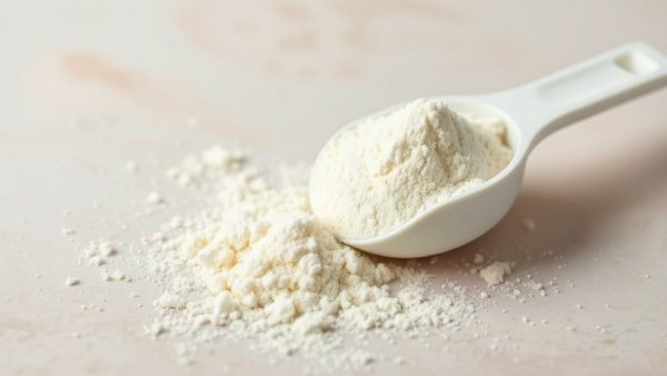 Colostrum powder in a scoop on pastel background
