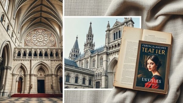 Collage showcasing French Cathedral Towns with a book and portrait.