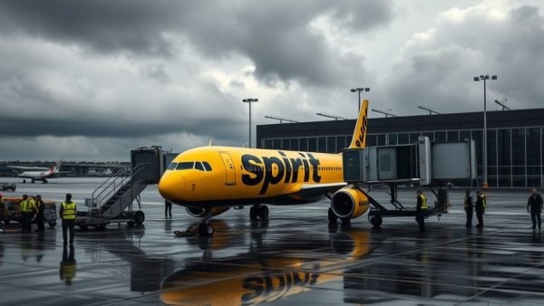 Spirit Airlines shutdown at airport during gloomy weather.