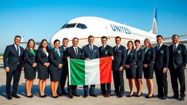 United Airlines flight crew and officials in front of plane at Puglia airport.