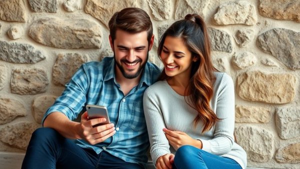 Happy couple viewing smartphone with credit card, urban setting.