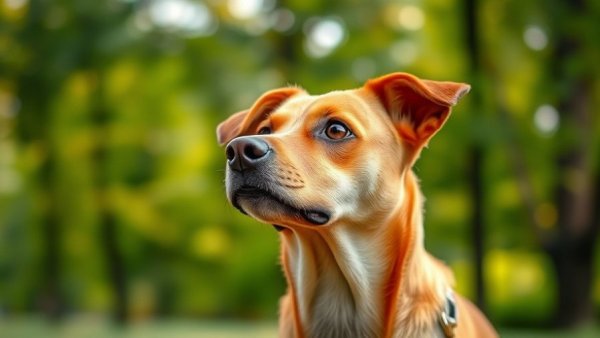 Brown dog on leash looking distracted in park.
