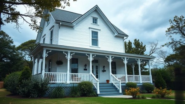 Historic white house with elegant porch and greenery, buying a historic home