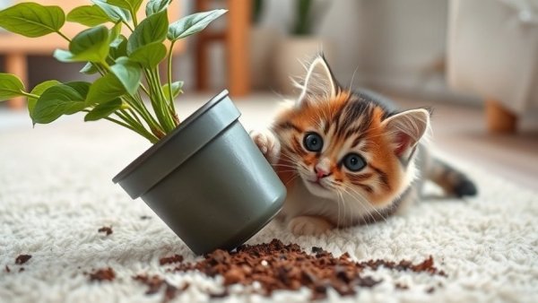 Fluffy tabby cat demonstrating Cats Gravity Play Behavior by toppling plant.