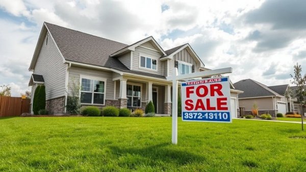 USA real estate listing with a 'for sale' sign and suburban home