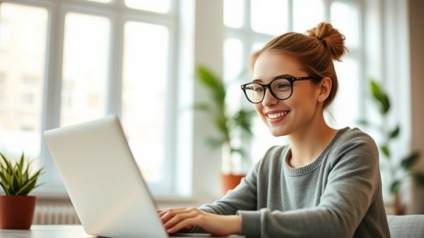 Woman smiling at laptop in bright room, Chase Sapphire Reserve 150,000-point bonus.