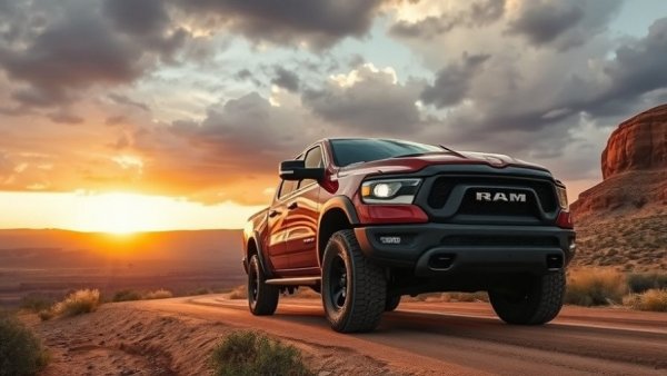 FCA US Ram Pickup parked on a dusty road at sunset