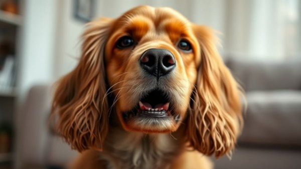 Golden Cocker Spaniel displaying dog cough symptoms indoors.