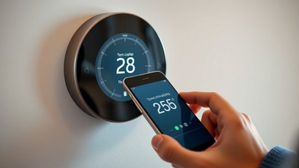 Adjusting smart thermostat with smartphone in home setting.