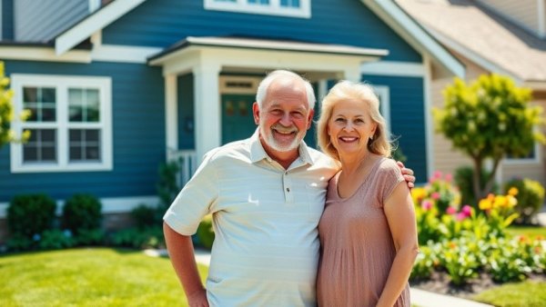 Older couple smiling in front of blue house, property tax reduction.