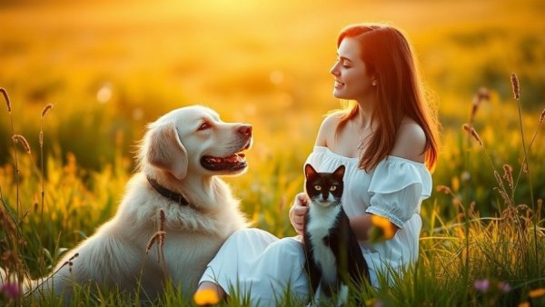 Young woman with dog and cat in meadow, highlighting pet health.