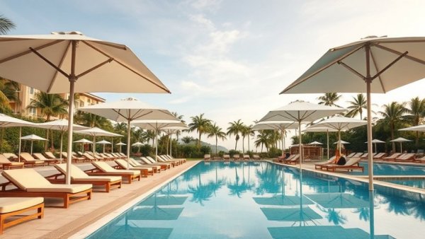 Poolside loungers at tropical resort, transfer Chase points to Hyatt