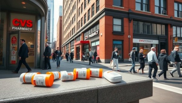 Busy street outside CVS with prescription bottles, pharmacy closures.