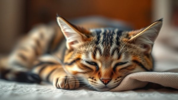 Tired tabby cat possibly showing feline hypertension signs, resting.