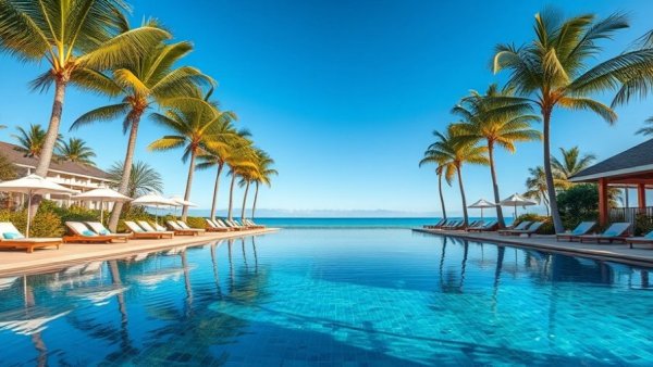 Tropical resort pool with loungers and palm trees, Sandals promo code.