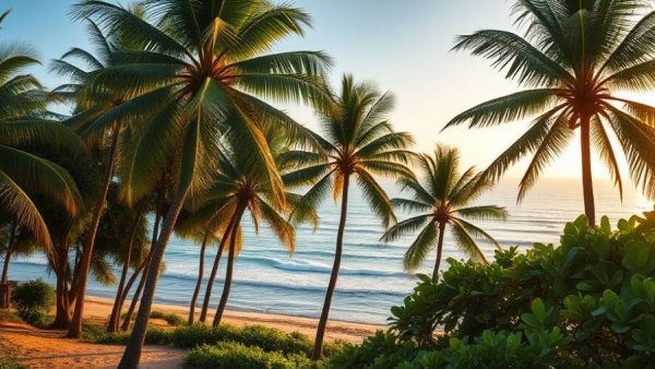 Scenic tropical beach with palm trees and ocean, perfect for affordable honeymoon.